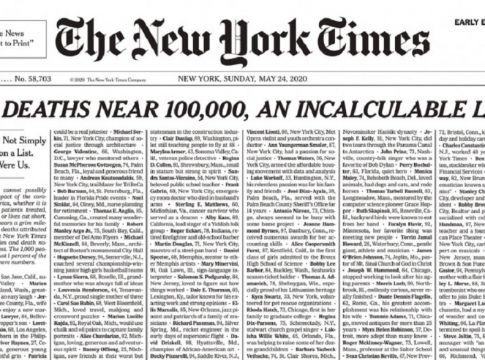 Το συγκλονιστικό πρωτοσέλιδο των New York Times για τα θύματα του κορωνοϊού στις ΗΠΑ