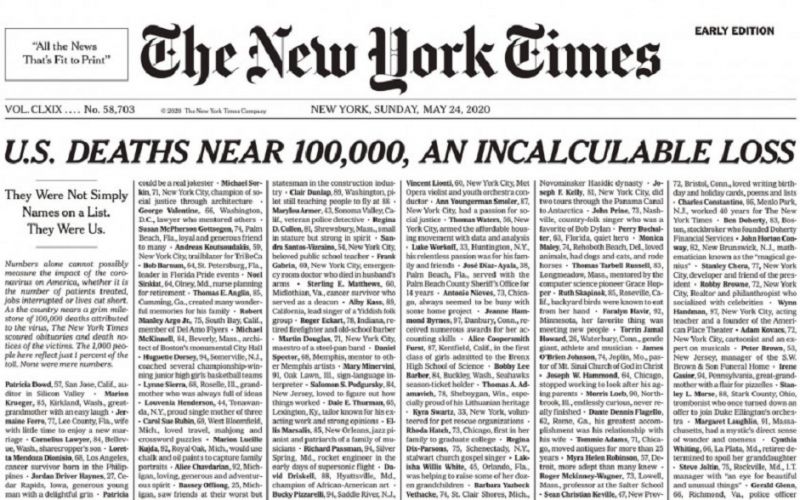 Το συγκλονιστικό πρωτοσέλιδο των New York Times για τα θύματα του κορωνοϊού στις ΗΠΑ
