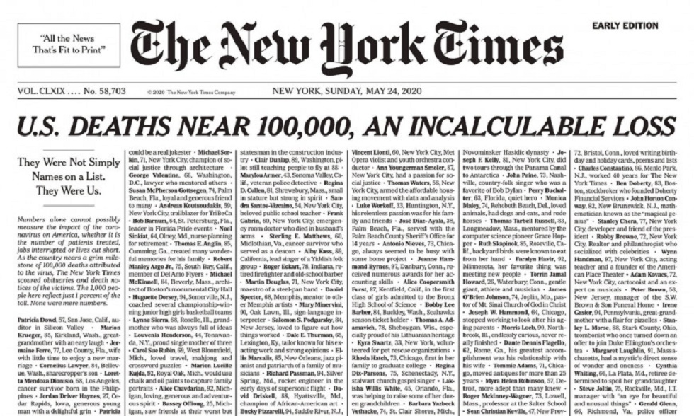 Το συγκλονιστικό πρωτοσέλιδο των New York Times για τα θύματα του κορωνοϊού στις ΗΠΑ