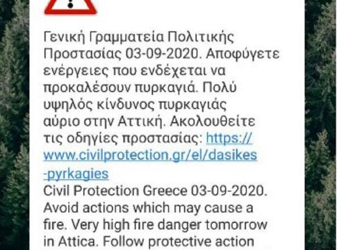 Μήνυμα από το 112 : Προειδοποίηση για υψηλό κίνδυνο πυρκαγιάς στην Αττική