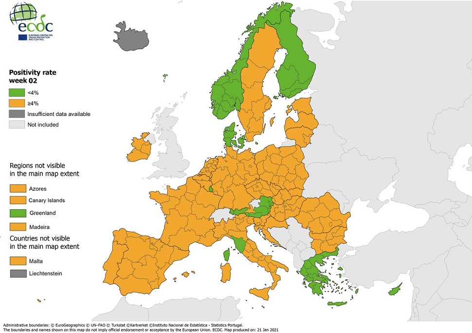 Κορωνοϊός : Ξανά «πράσινη» η Ελλάδα στον χάρτη του ECDC – Κάτω από 4% ο δείκτης θετικότητας