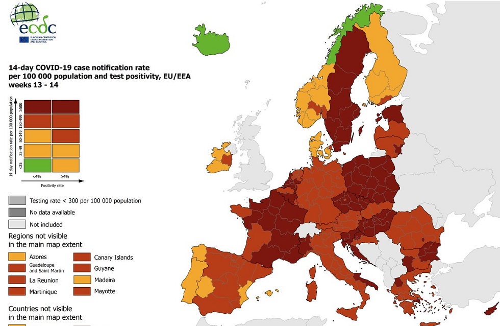 Χάρτης ECDC: Στο «βαθύ κόκκινο» Αττική και Δυτική Μακεδονία