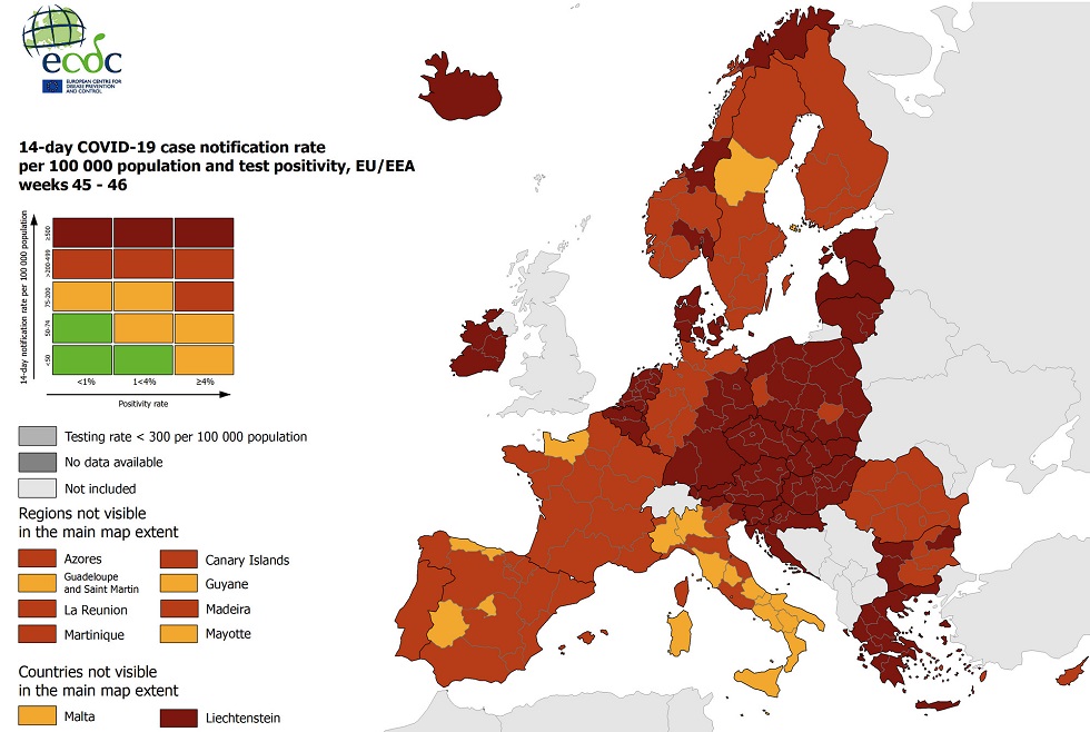 Τρόμος από τον χάρτη του ECDC – Στο «βαθύ κόκκινο» η Ελλάδα – Η κατάσταση στην Ευρώπη