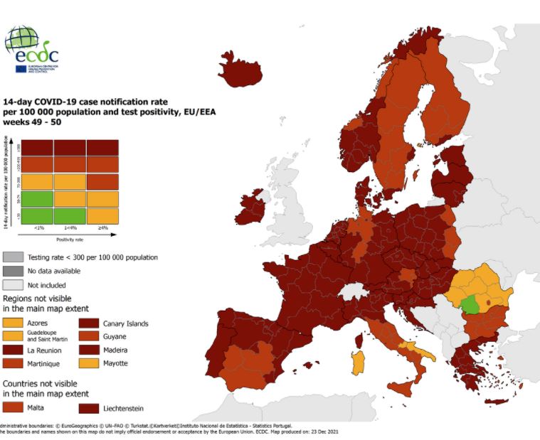 Στο «βαθύ κόκκινο» ολόκληρη η Ελλάδα – Δείτε τον χάρτη του ECDC