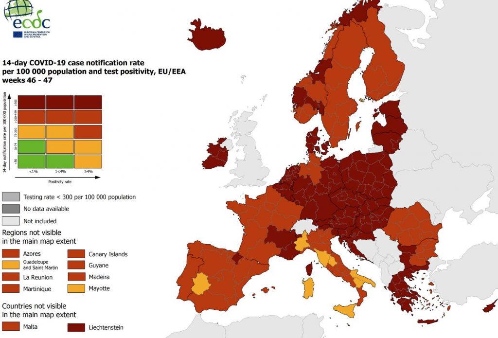 Τι δείχνουν τα μαθηματικά μοντέλα του ECDC για την επικράτηση της «Όμικρον» στην Ευρώπη – Στο βαθύ κόκκινο η Ελλάδα (χάρτης)