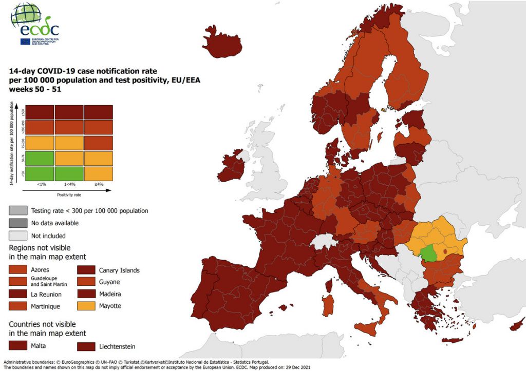 ECDC – Στο «βαθύ κόκκινο» η Ελλάδα και σχεδόν όλη η Ευρώπη λόγω της παραλλαγής Όμικρον