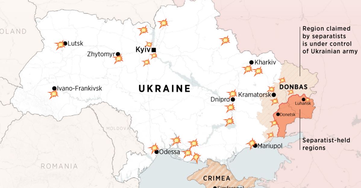 Η Ρωσία «σφυροκοπά» όλες τις μεγάλες πόλεις της Ουκρανίας (Χάρτης)