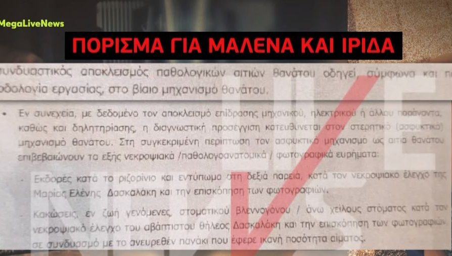 Αυτό είναι το πόρισμα για τους θανάτους Μαλένας και Ίριδας