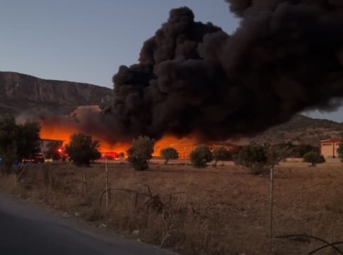 Μεγάλη φωτιά σε χώρο εργοστασίου στα Μέγαρα – Ακούγονται εκρήξεις